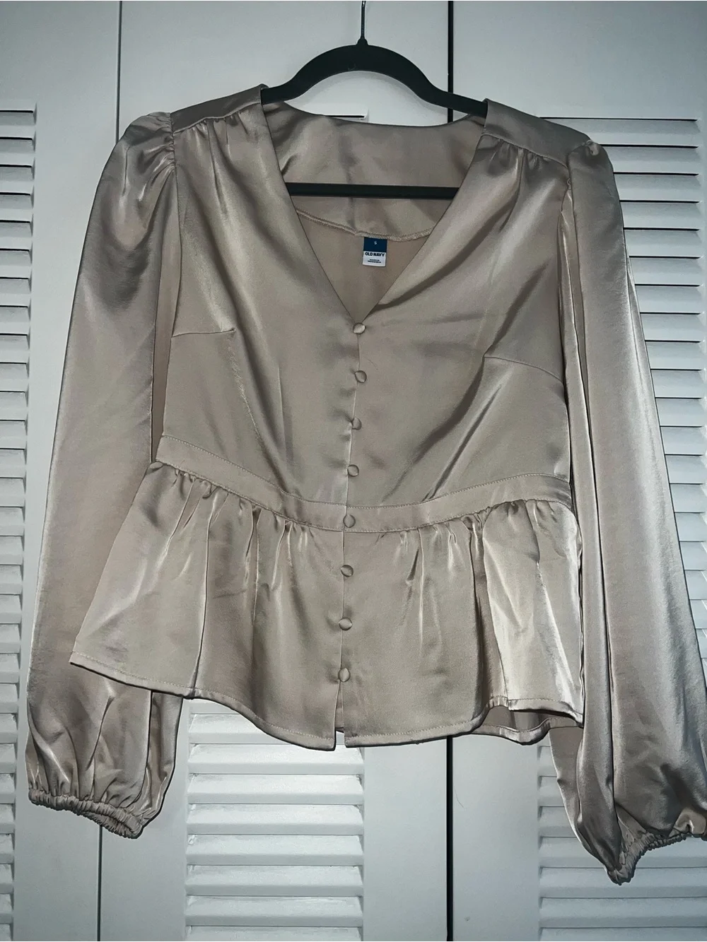 Light Beige  Satin Peplum Blouse - Women Tops